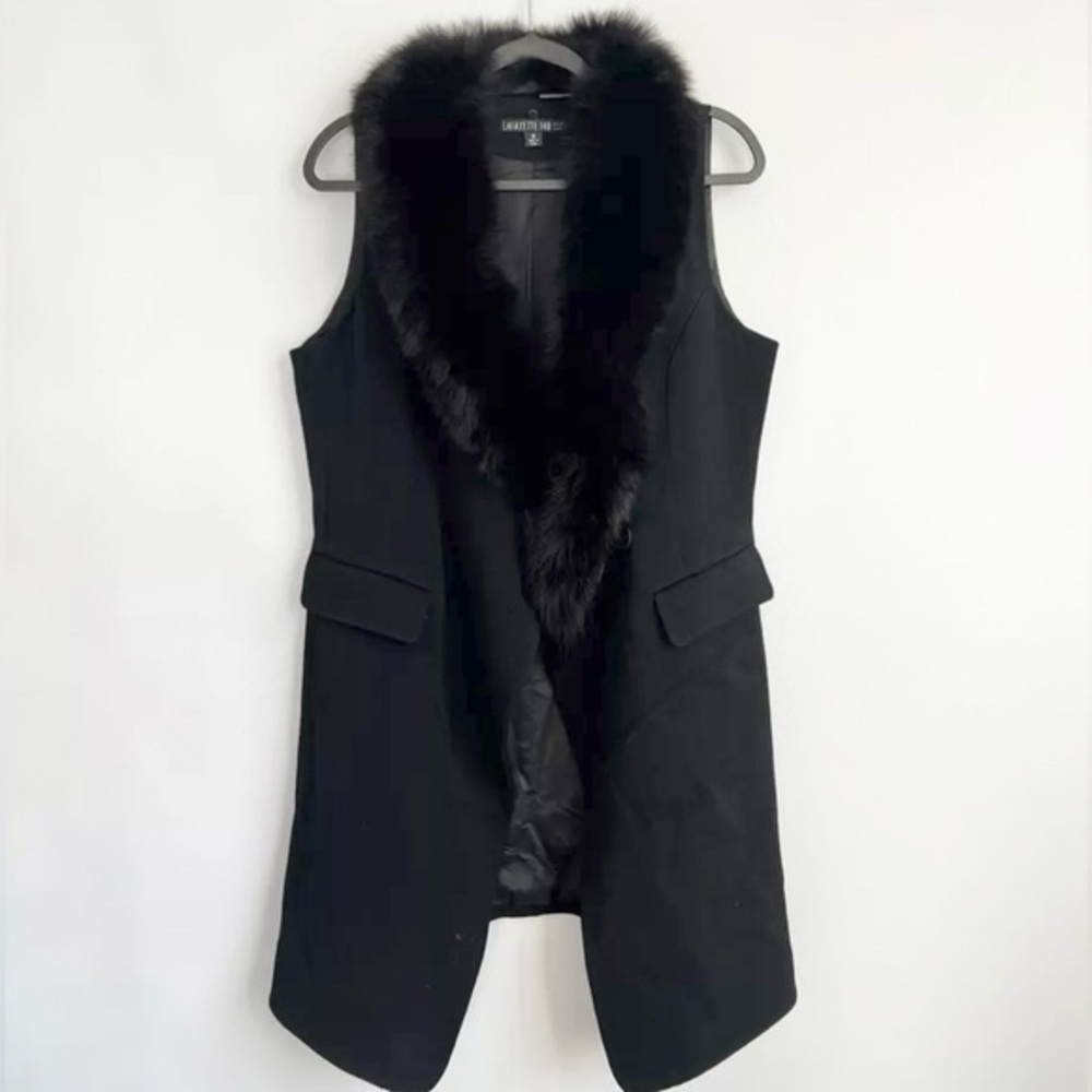Lafayette 148 Size 10 • Black Wool Vest Fox Fur Collar EUC.